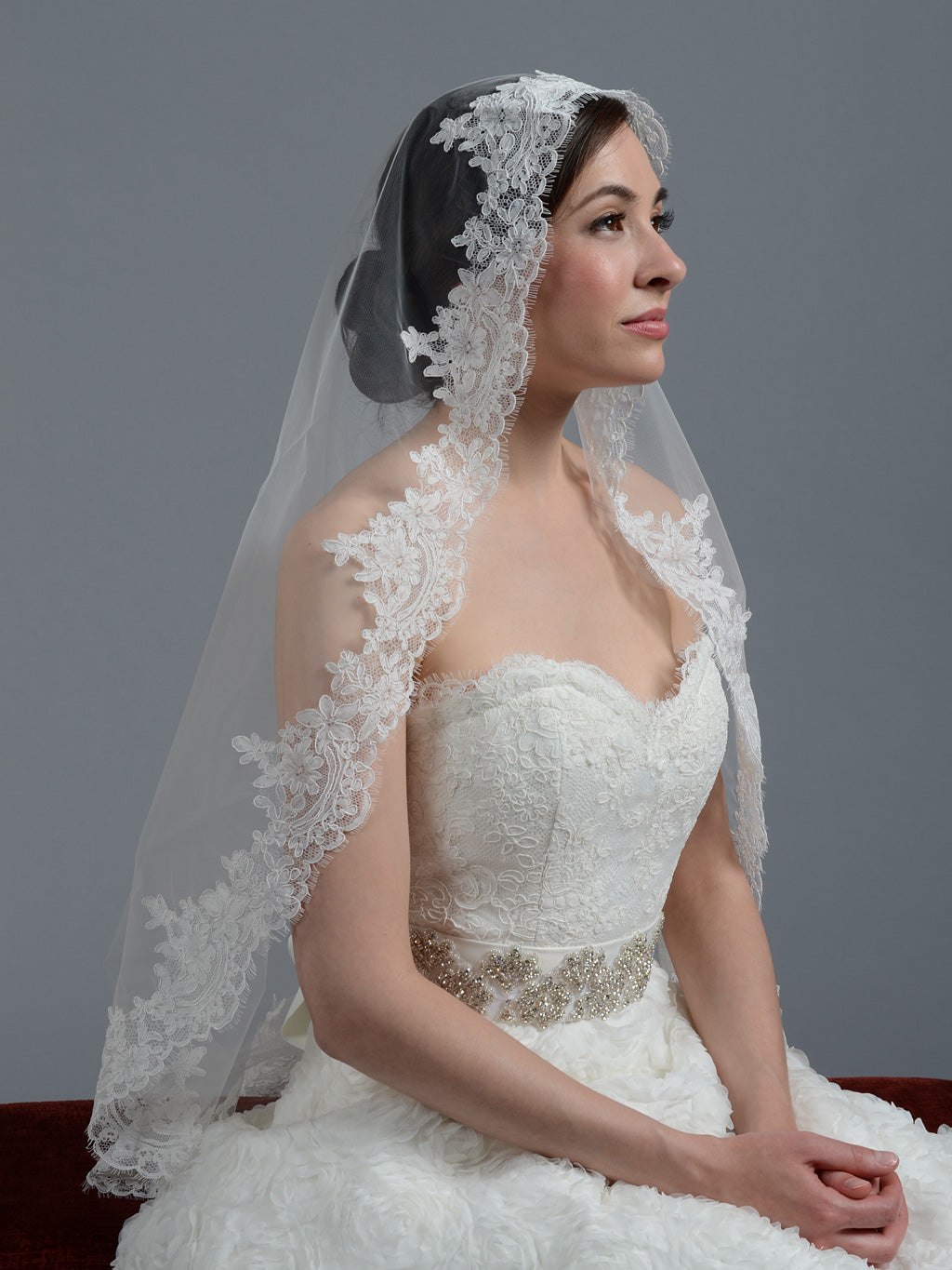 Ivory cathedral alencon lace wedding veil V033c