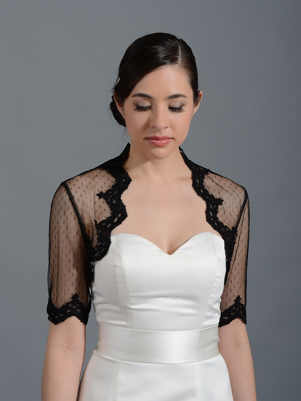 Black Elbow Length Bridal Dot Lace Wedding Bolero Jacket Lace081