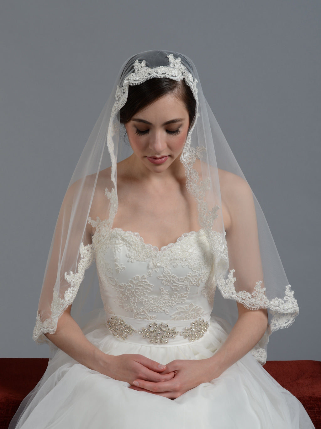 Mantilla veil fingertip/chapel alencon lace wedding veil V027