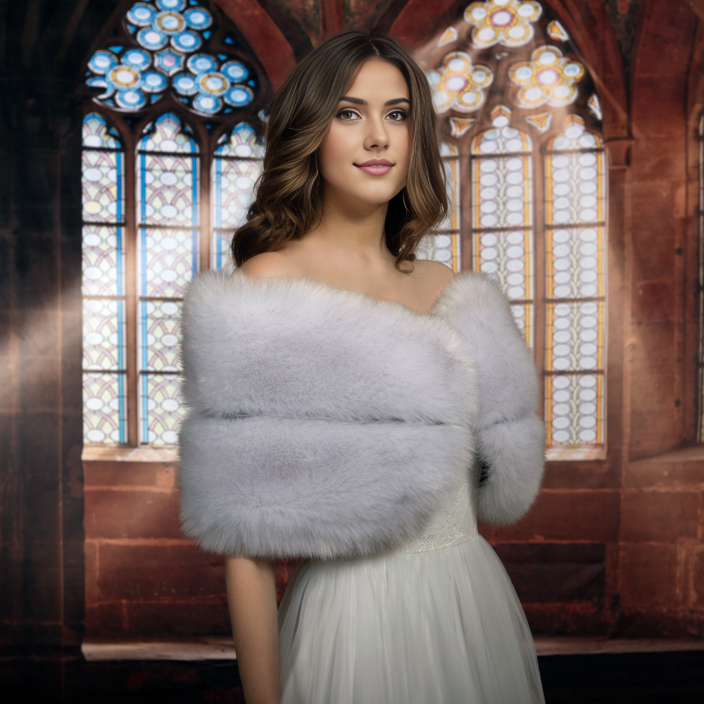 Light gray faux fur wrap bridal shawl wedding stole