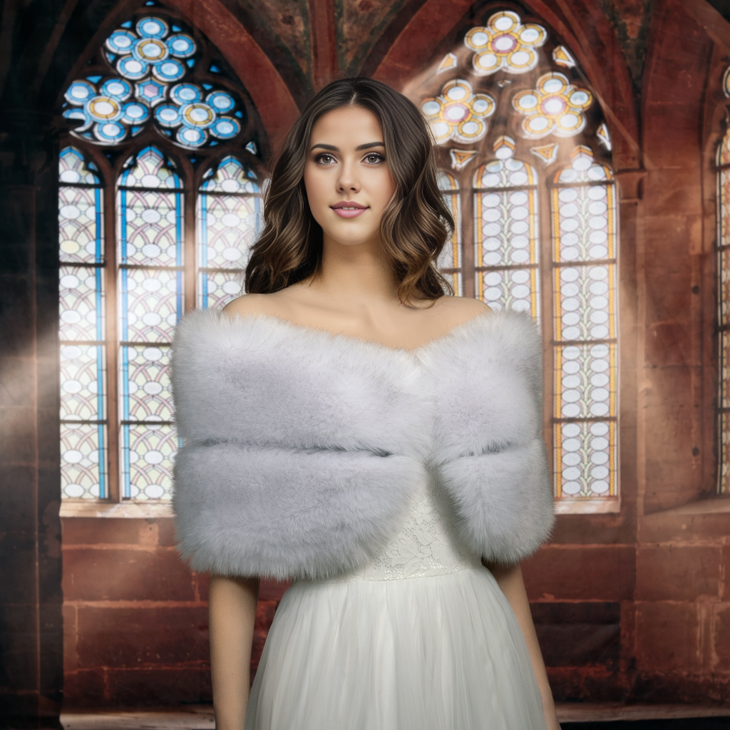 Light gray faux fur wrap bridal shawl wedding stole