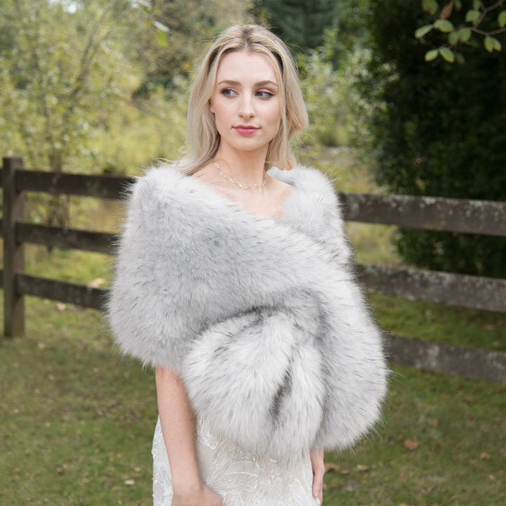 Pale gray faux fur wrap bridal shawl
