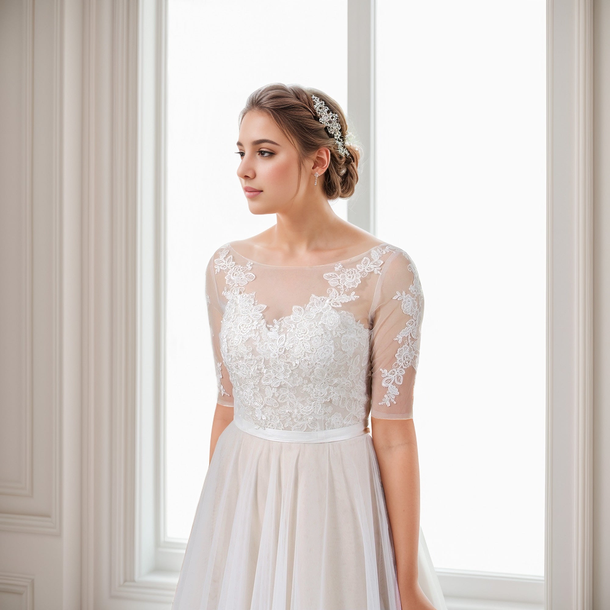 Short Sleeve Bridal Bolero Beaded Lace Wedding Dress Topper: Light Ivory Bishop Sleeve Bridal Jacket Short Sleeve Bridal Bolero Beaded Lace Wedding Dress Topper: Light Ivory Bishop Sleeve Bridal Jacket