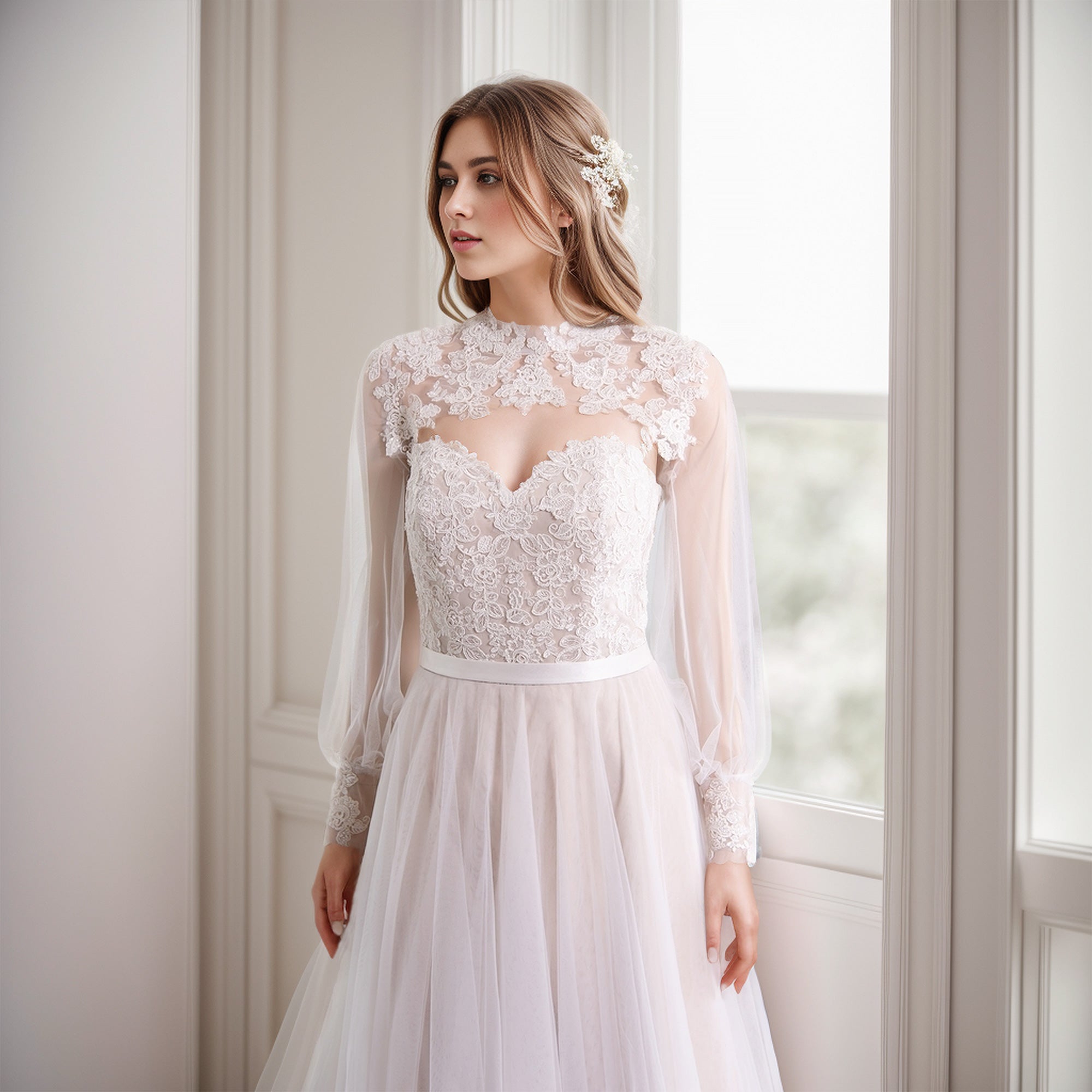 Keyhole back bishop sleeve wedding dress topper1