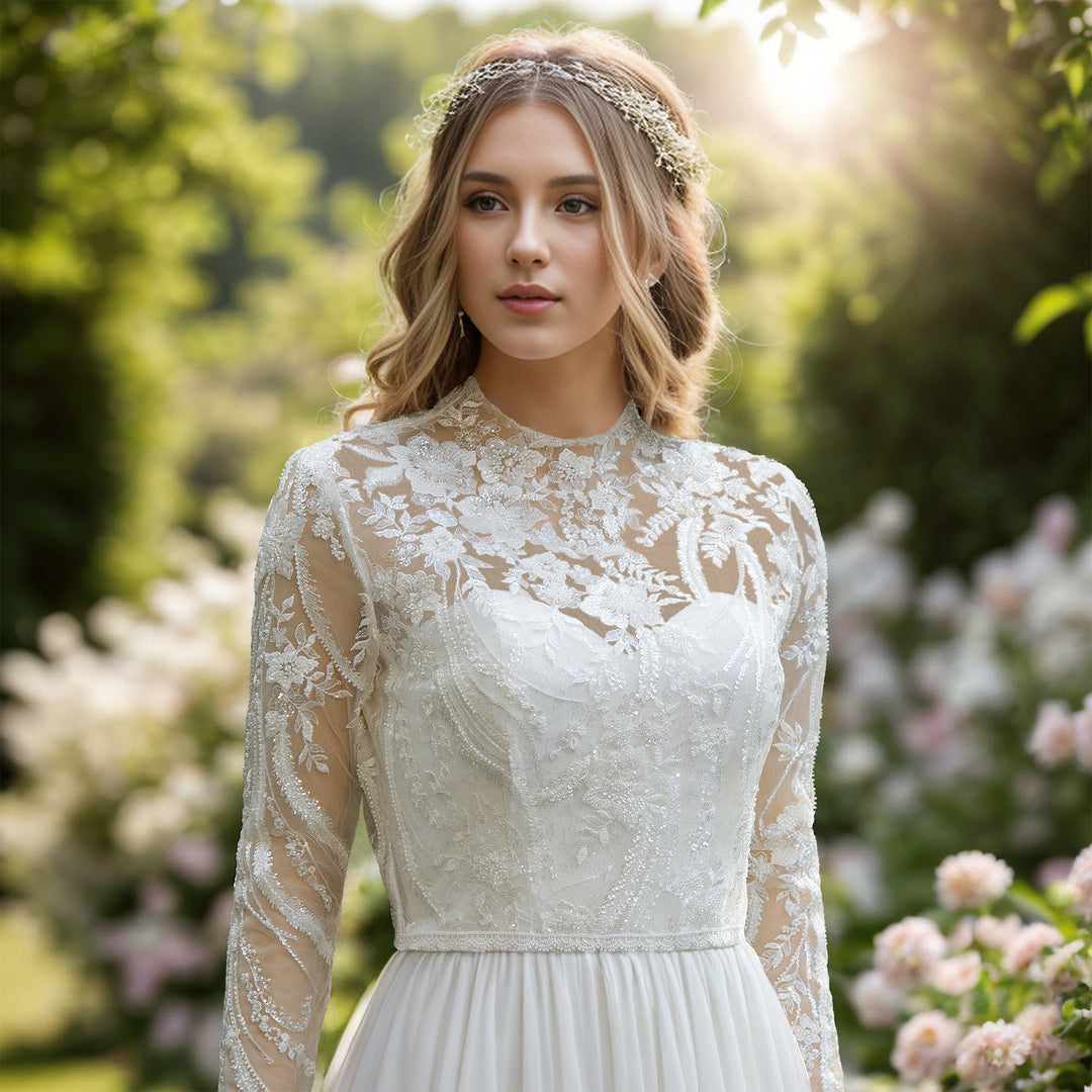 Beaded high neck long sleeve wedding dress topper