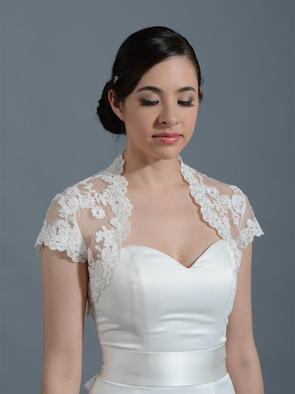 Ivory cap sleeve bridal alencon lace bolero jacket