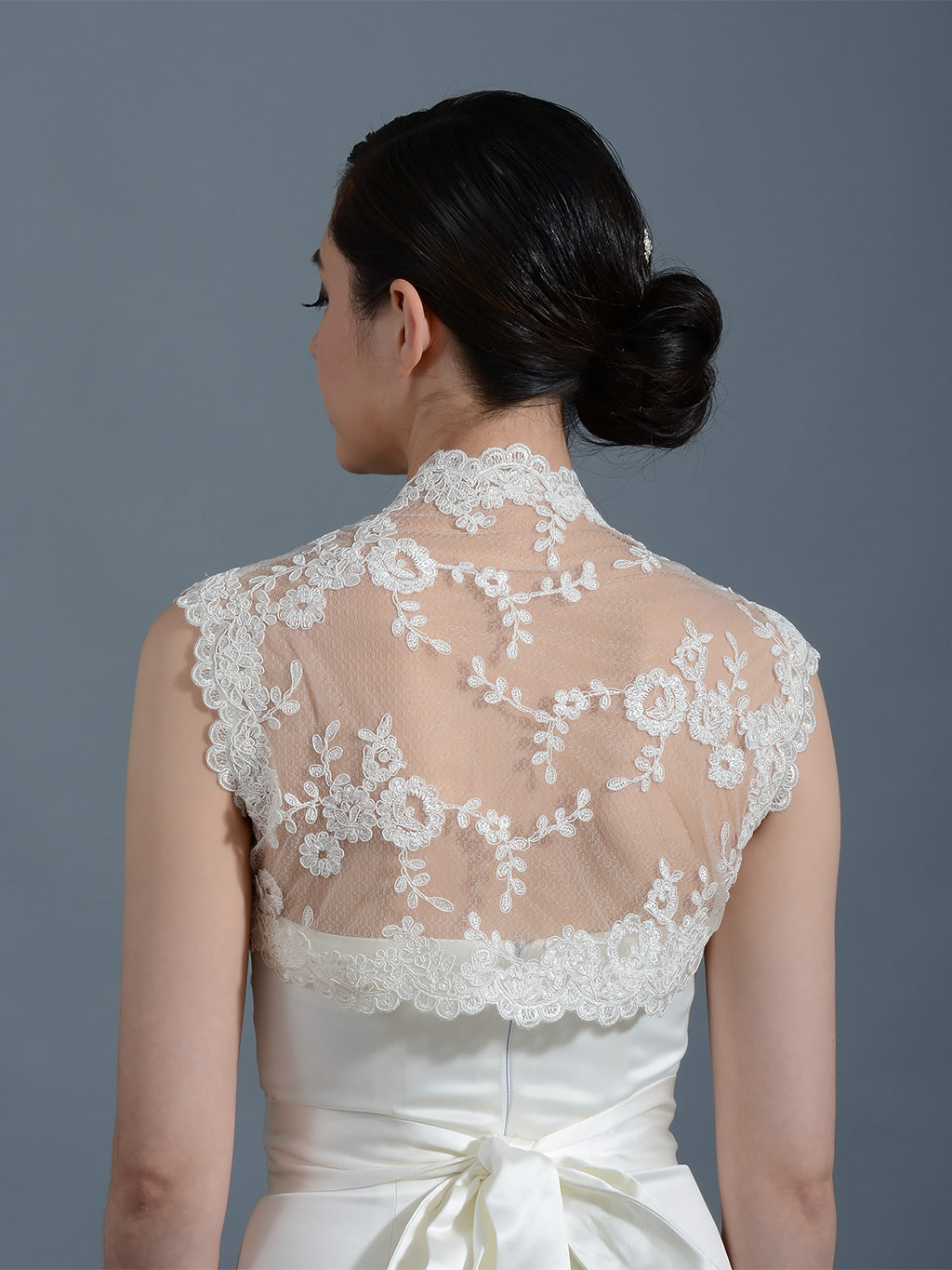 Ivory sleeveless bridal alencon lace bolero jacket