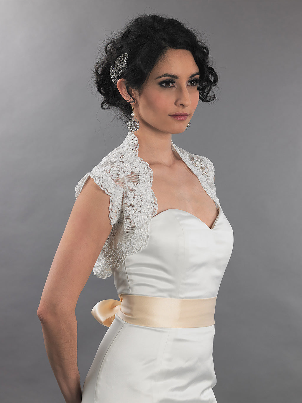 Sleeveless bridal alencon lace bolero jacket