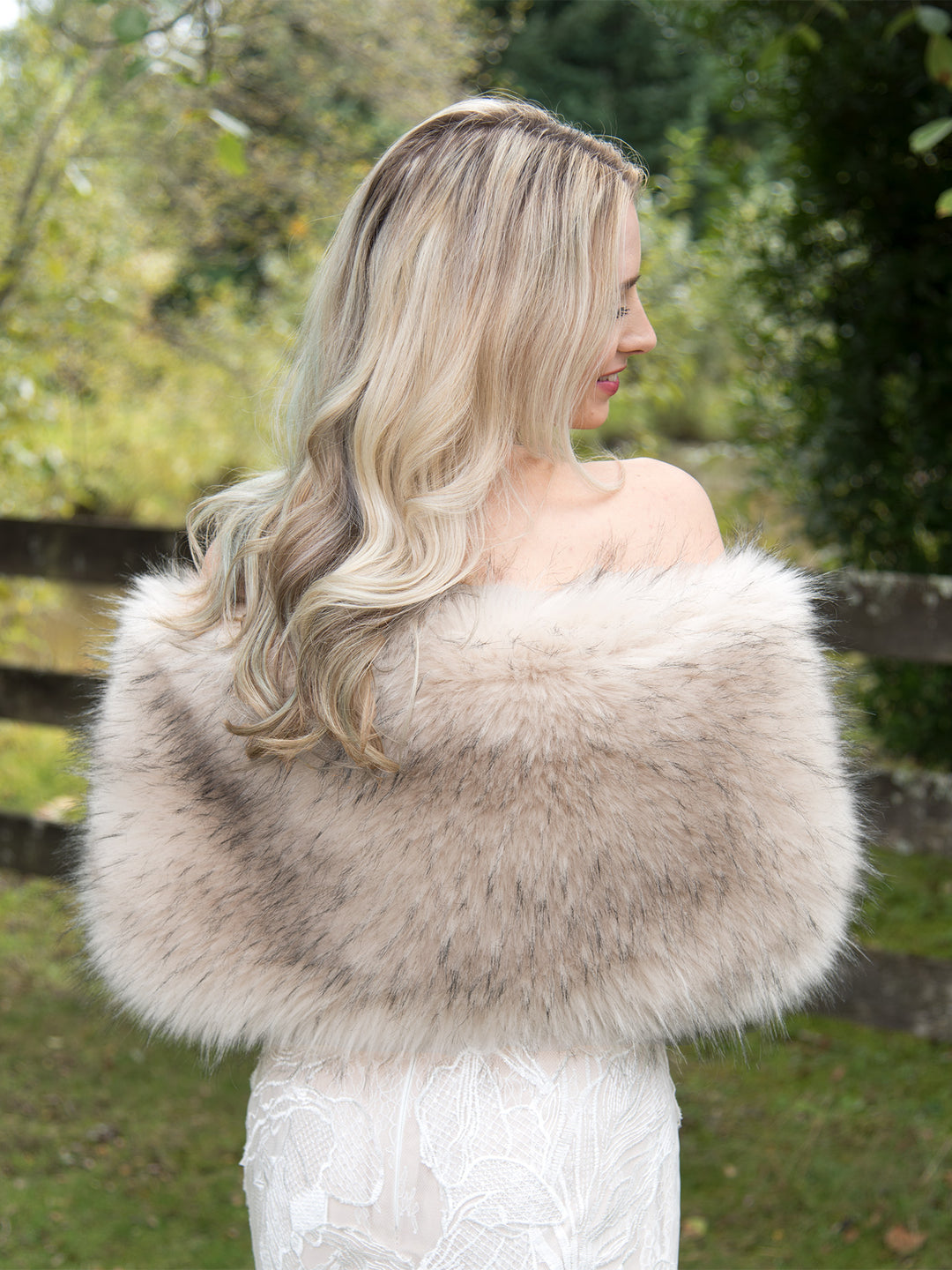Light blush faux fur wrap bridal shawl