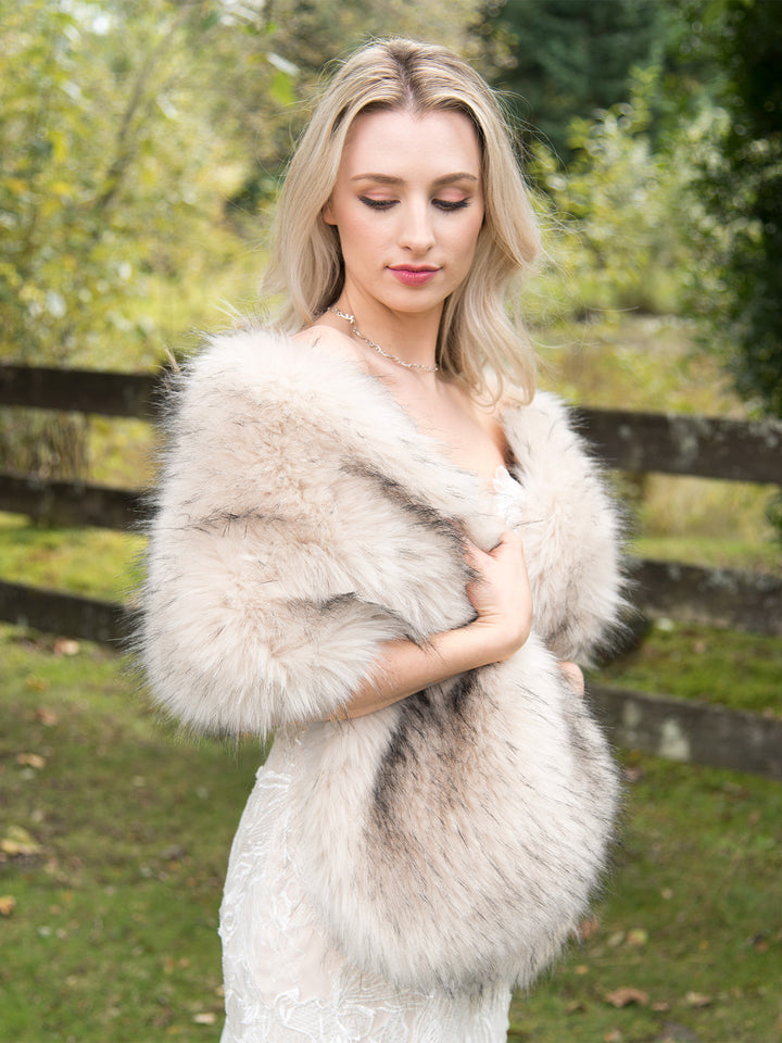 Light blush faux fur wrap bridal shawl