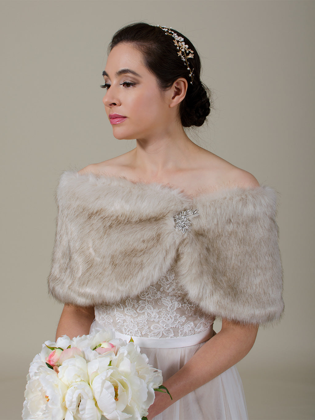 Beige bridal faux fur wrap bridal shawl