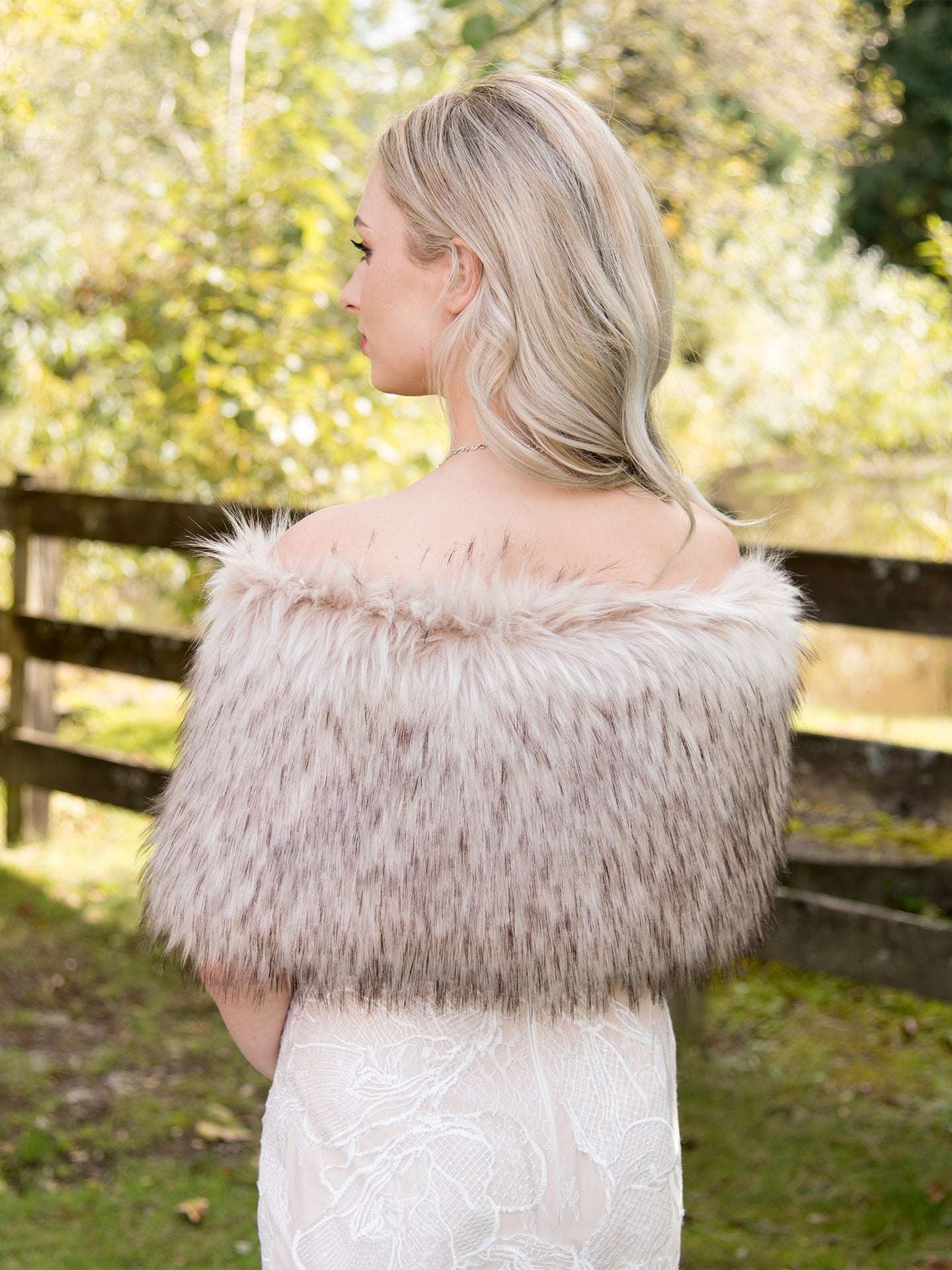 blush faux fur shawls B005 back view