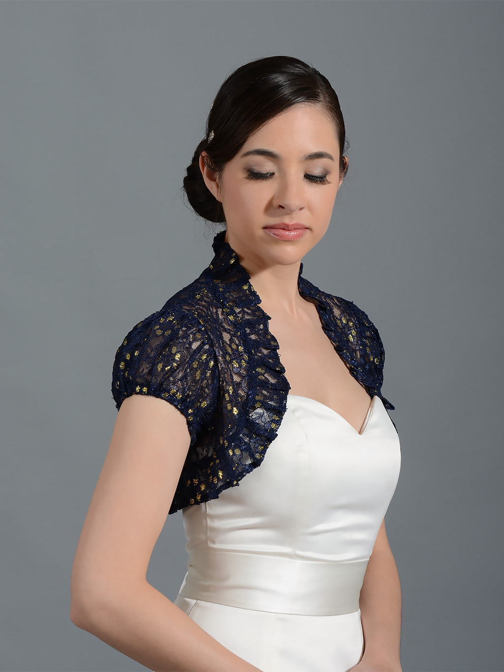 Navy Blue short sleeve lace wedding bolero jacket, X-Large Navy Blue short sleeve lace wedding bolero jacket, X-Large