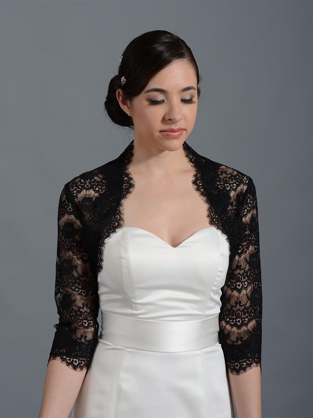 Black 3/4 sleeve bridal lace wedding bolero jacket