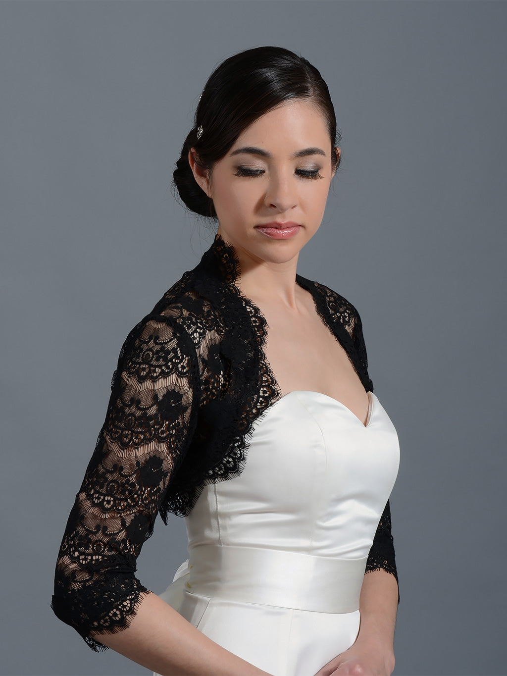 Black 3/4 sleeve bridal lace wedding bolero jacket