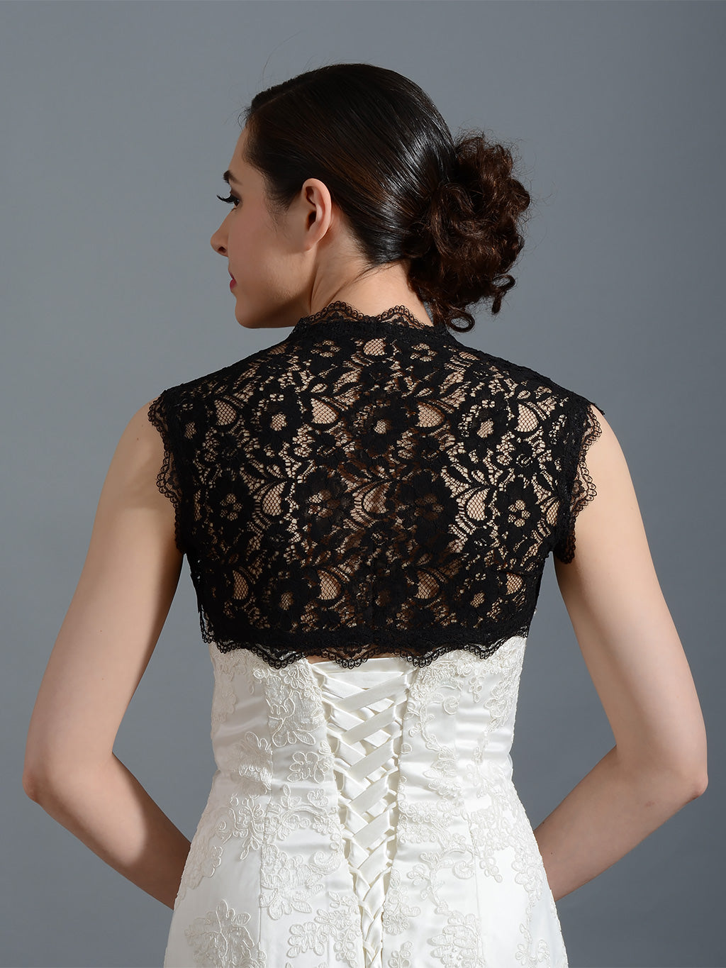 Black sleeveless bridal corded lace bolero jacket