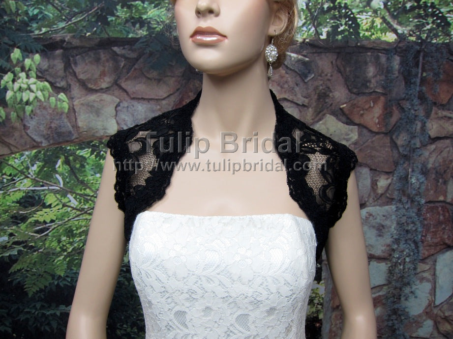 Black sleeveless bridal alencon lace bolero jacket