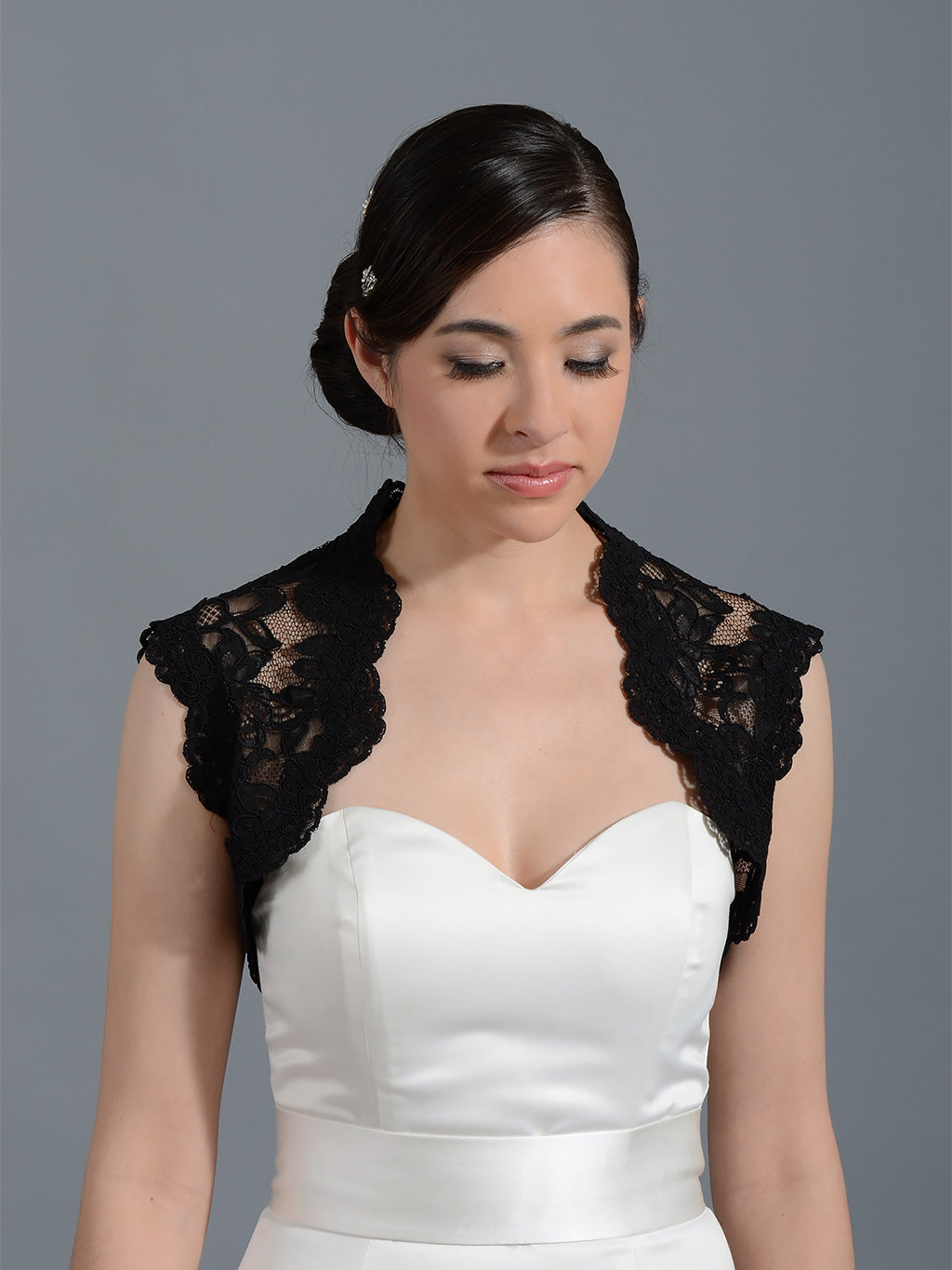 Black Sleeveless Bridal Alencon Lace Bolero Jacket, Large Black Sleeveless Bridal Alencon Lace Bolero Jacket, Large