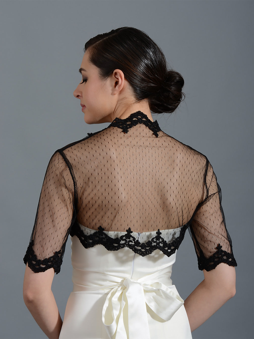 Black elbow length bridal dot lace wedding bolero