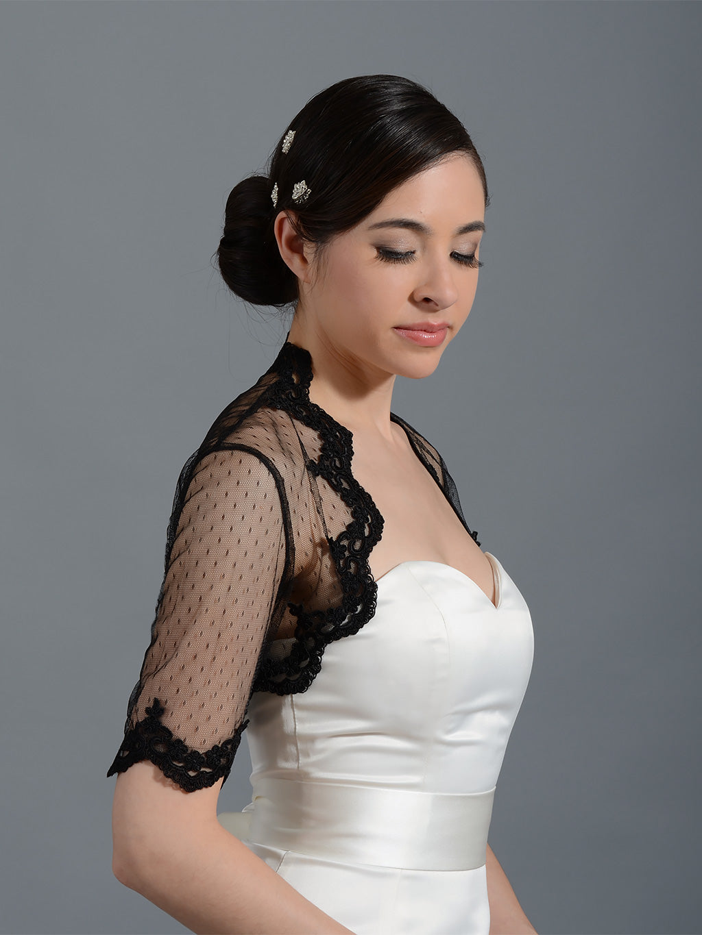 Black elbow length bridal dot lace wedding bolero