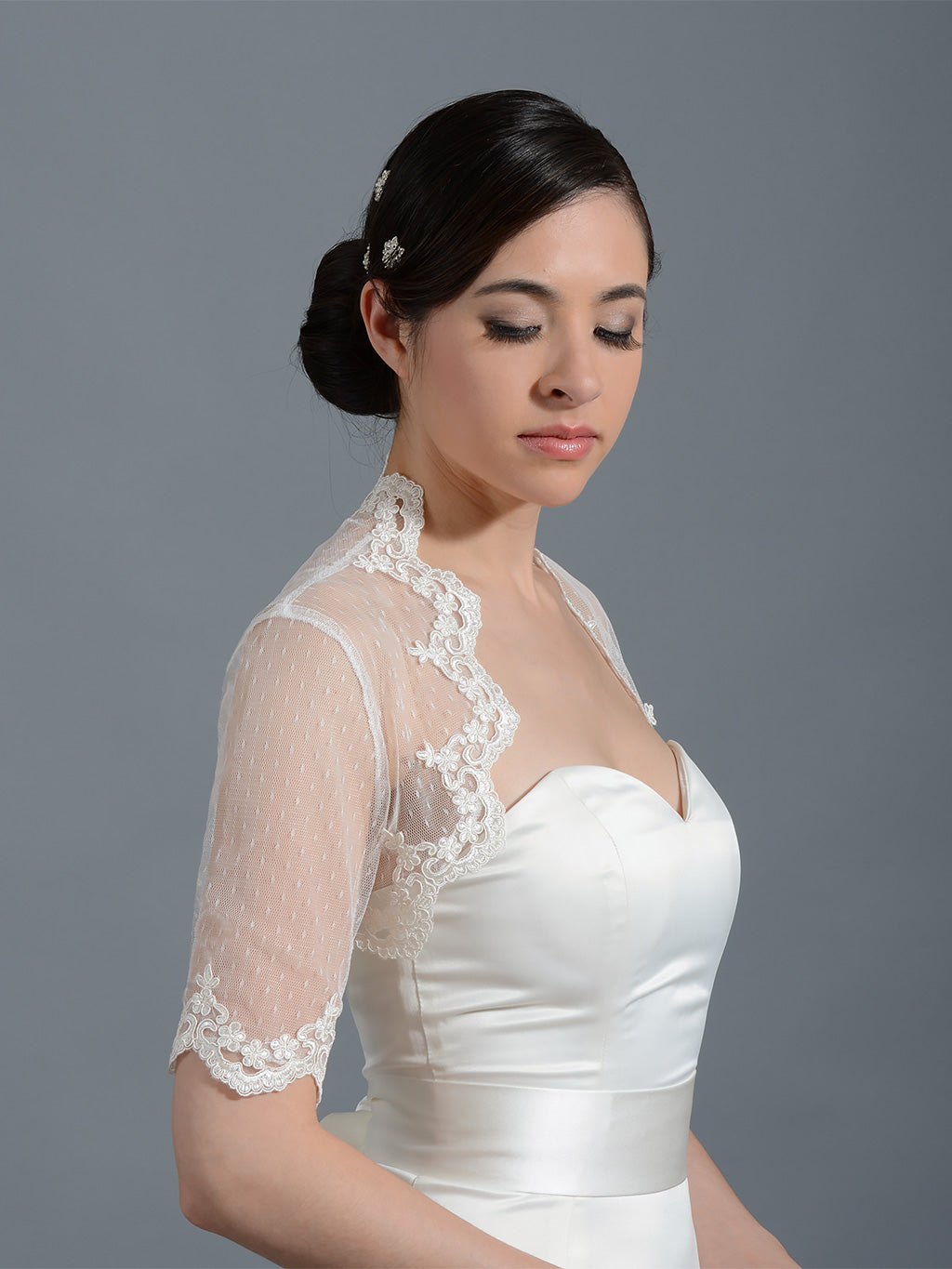 Ivory elbow length bridal dot lace wedding bolero