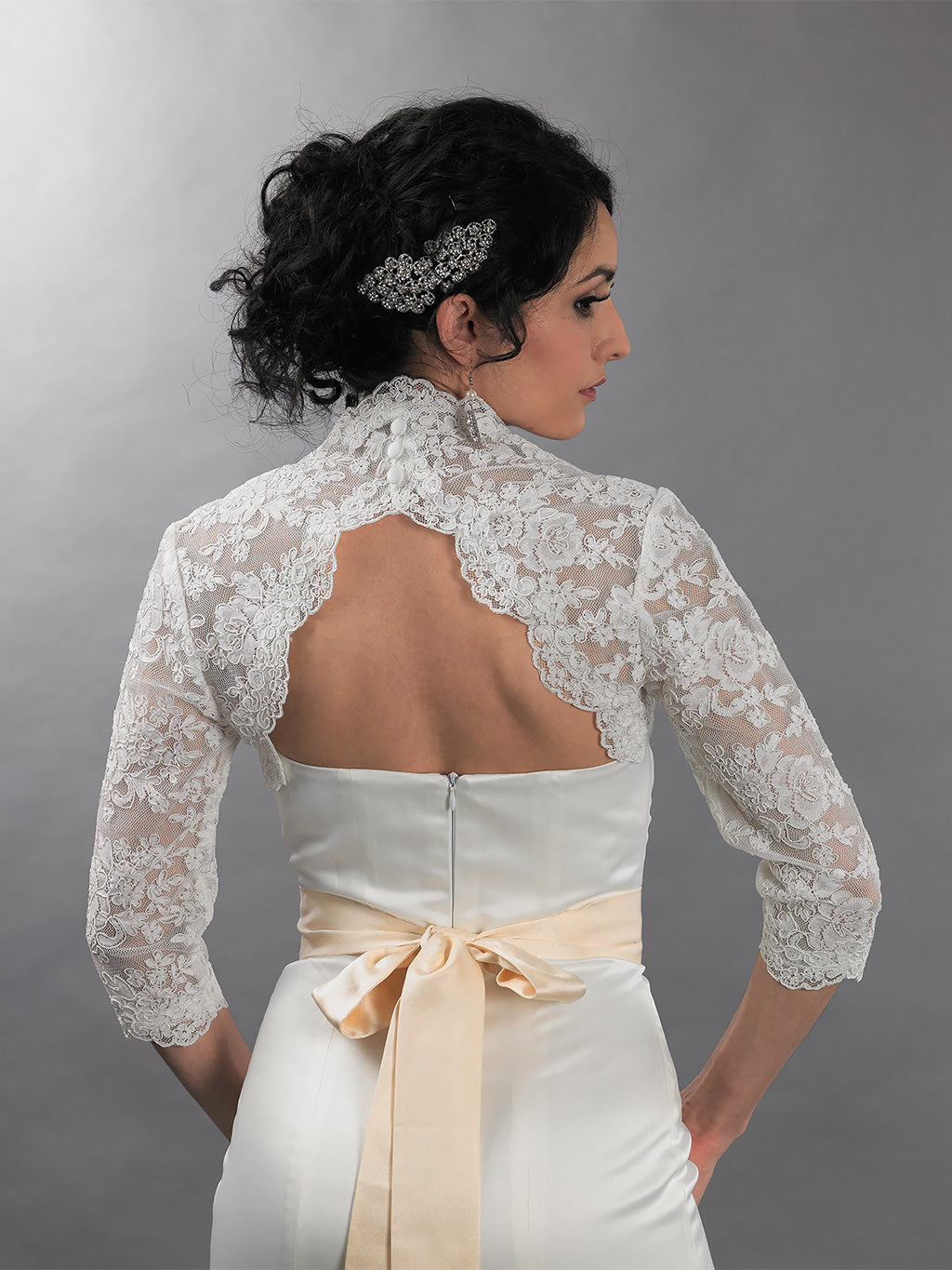 3/4 sleeve alencon lace bolero with keyhole back