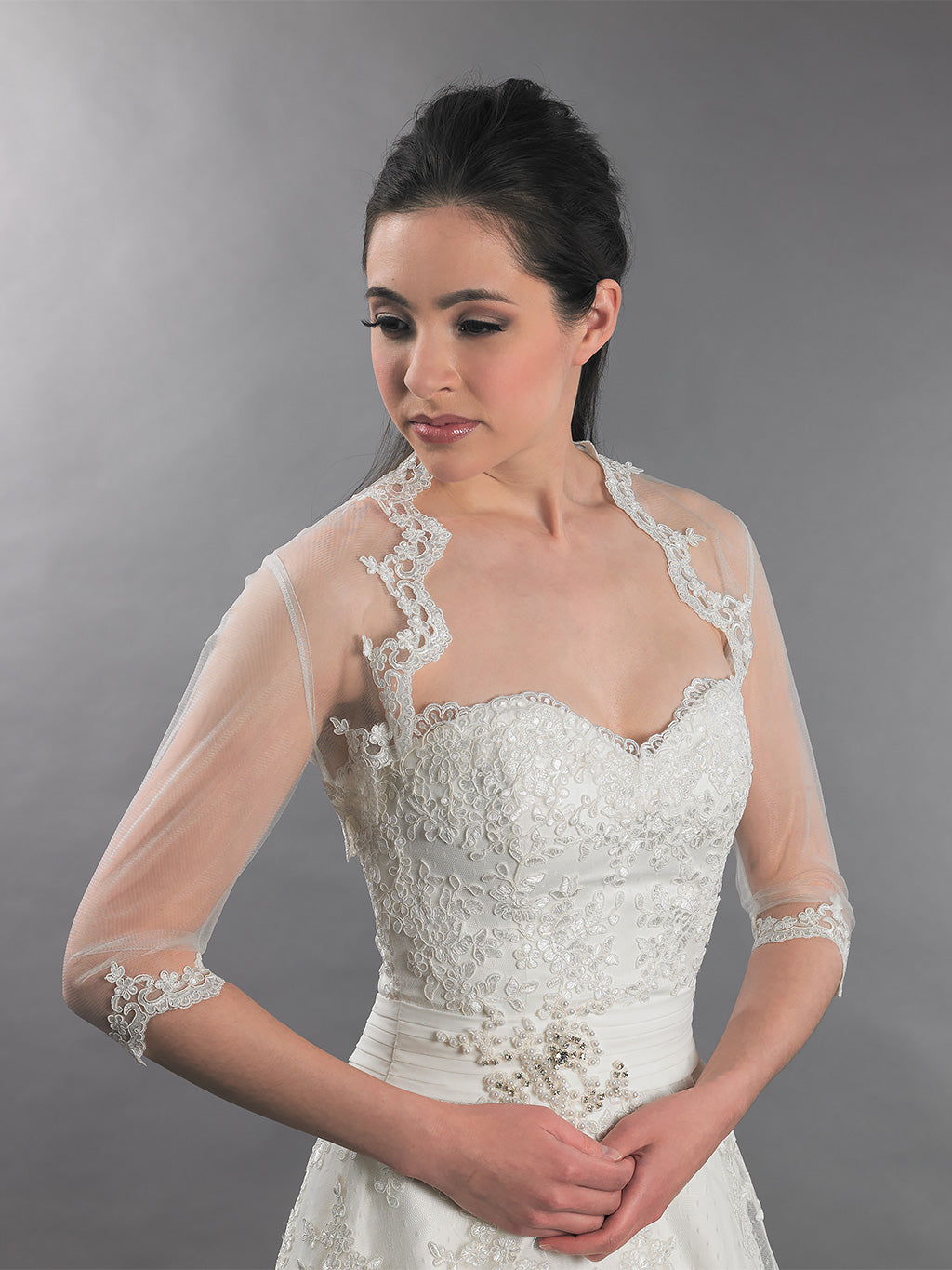 3/4 sleeve bridal lace bolero jacket, White / Medium 3/4 sleeve bridal lace bolero jacket, White / Medium