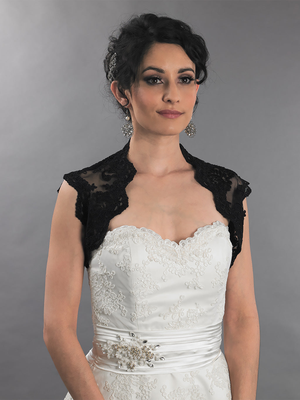 Black sleeveless bridal keyhole back alencon lace bolero