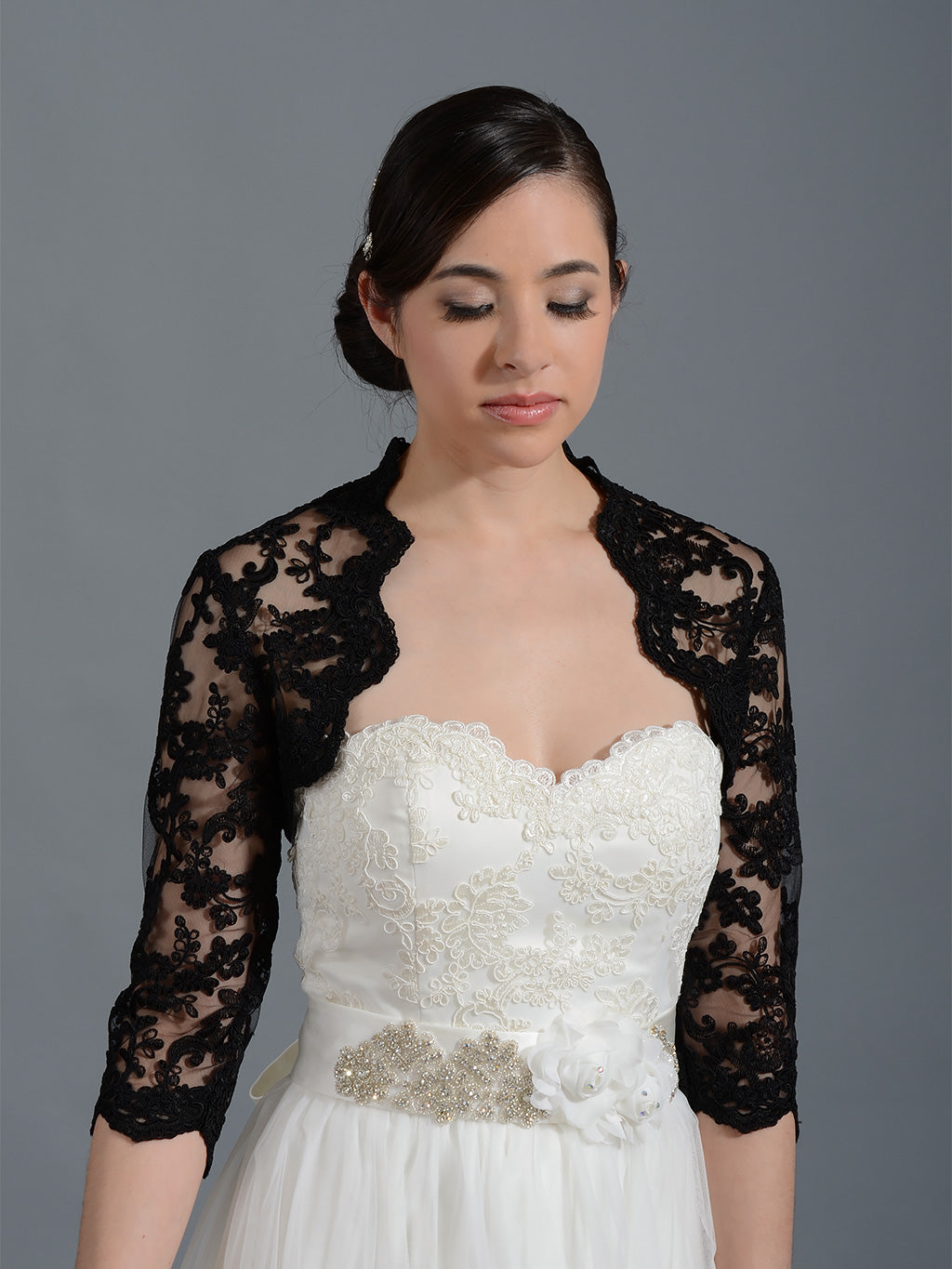 Black 3/4 sleeve re-embroidered lace wedding bolero, Large Black 3/4 sleeve re-embroidered lace wedding bolero, Large