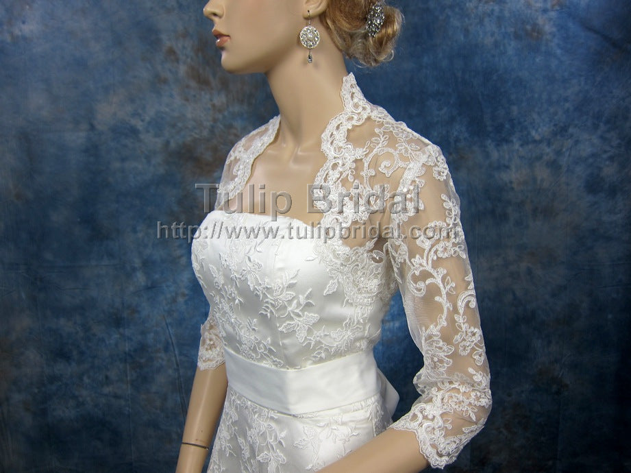 3/4 sleeve alencon lace bolero with keyhole back