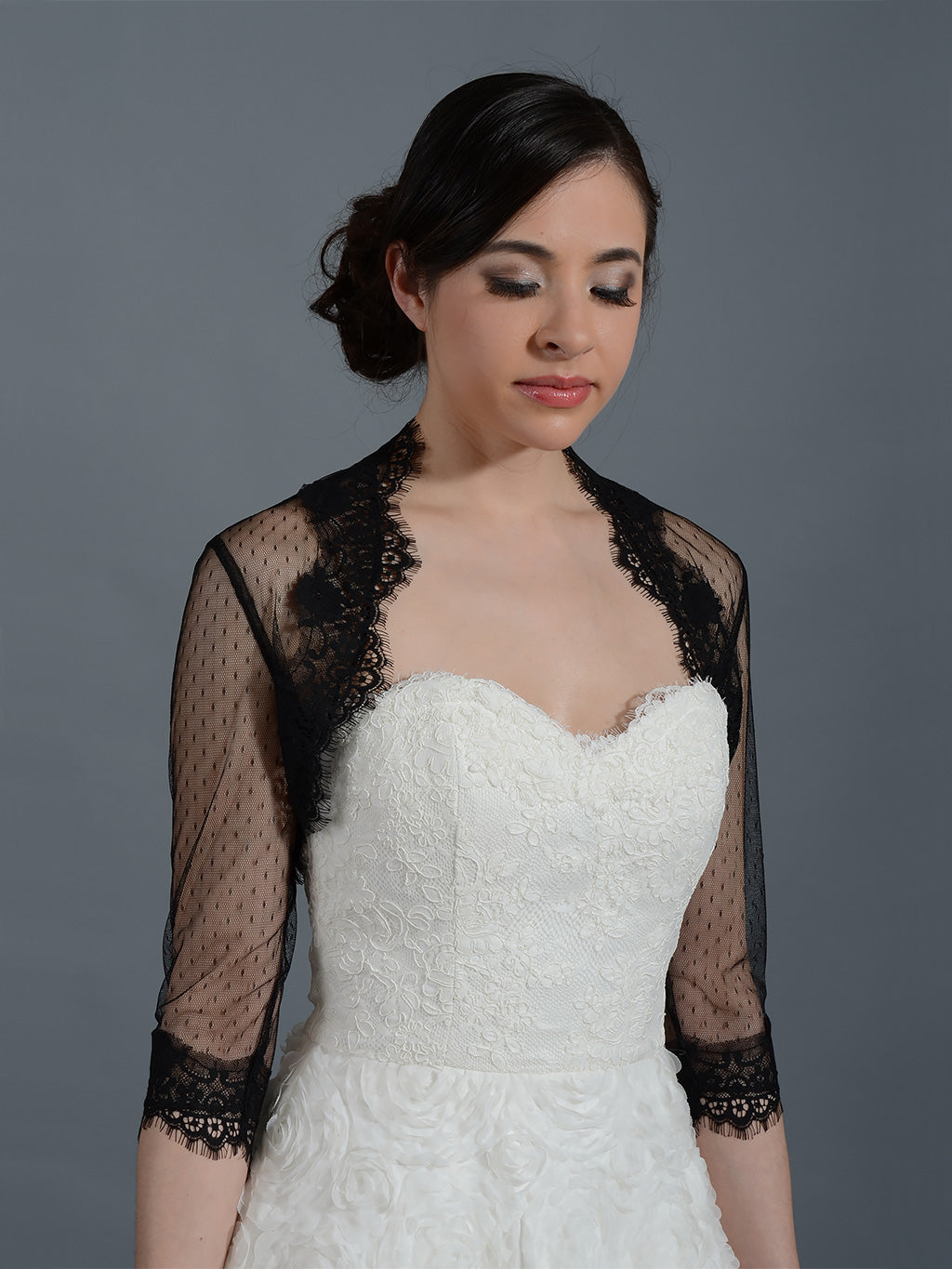 Black 3/4 sleeve bridal dot lace wedding bolero jacket, Large Black 3/4 sleeve bridal dot lace wedding bolero jacket, Large