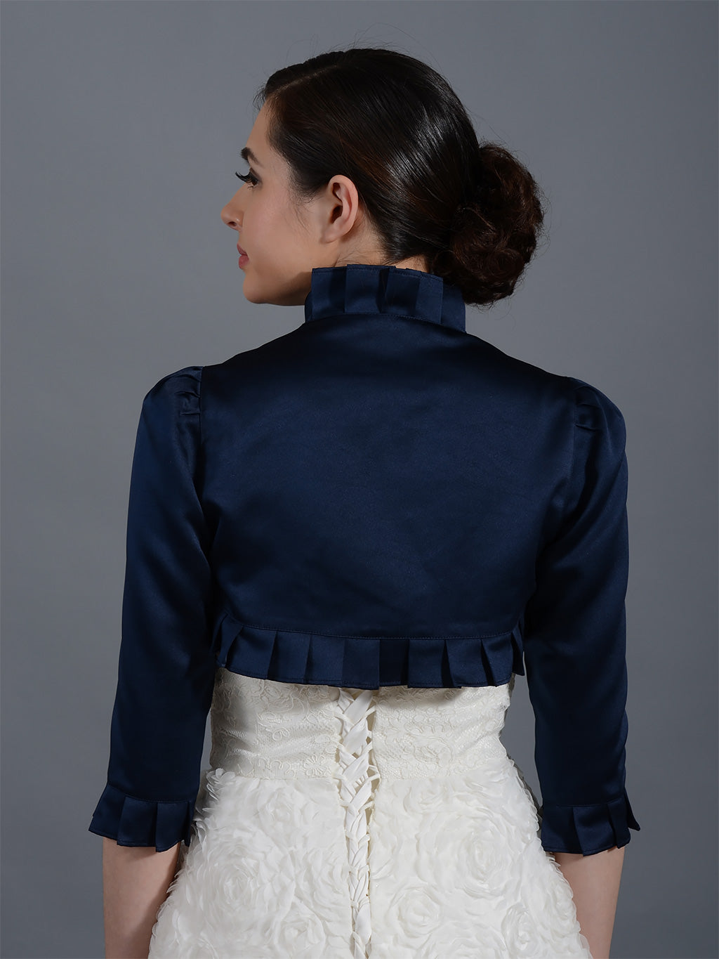 Navy Blue 3/4 sleeve wedding satin bolero jacket