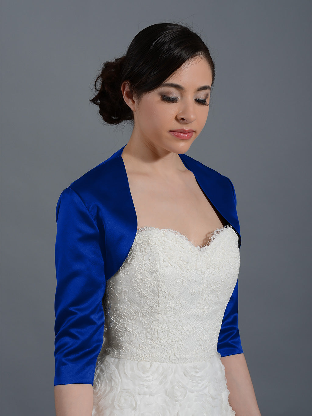 Blue 3/4 sleeve wedding satin bolero jacket, Small Blue 3/4 sleeve wedding satin bolero jacket, Small