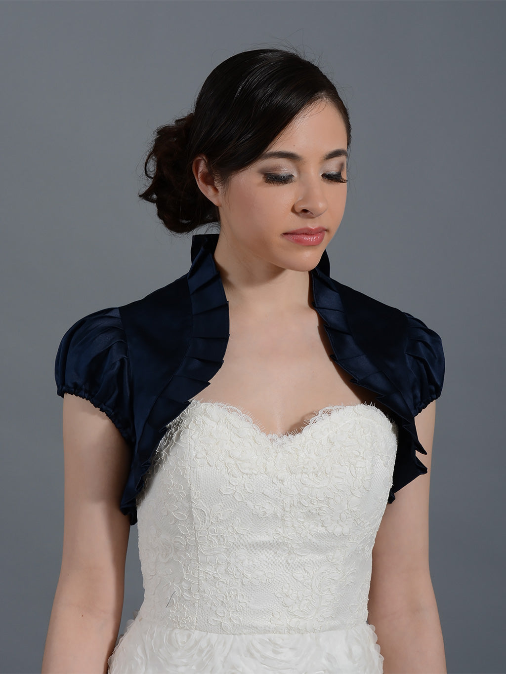 Navy Blue short sleeve wedding satin bolero jacket – Tulip Bridal