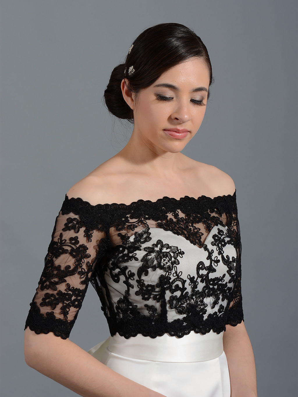 Black Off-Shoulder Alencon Lace Bridal Bolero Wedding jacket, Large (made to order, 3-4 weeks) Black Off-Shoulder Alencon Lace Bridal Bolero Wedding jacket, Large (made to order, 3-4 weeks)