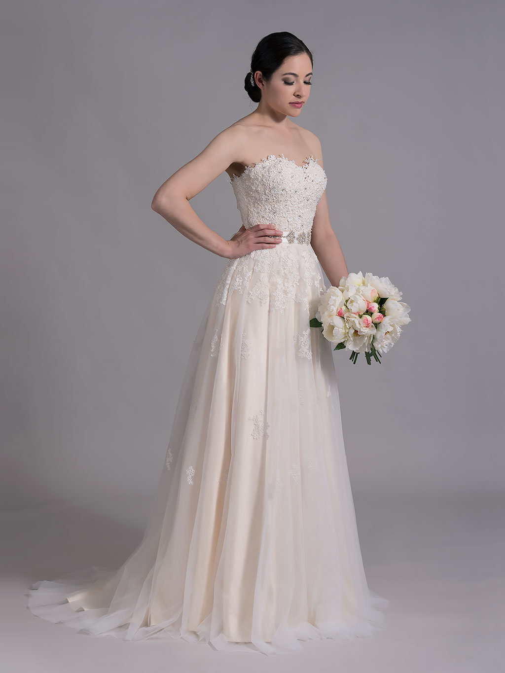 Strapless lace wedding dress in champagne 4015