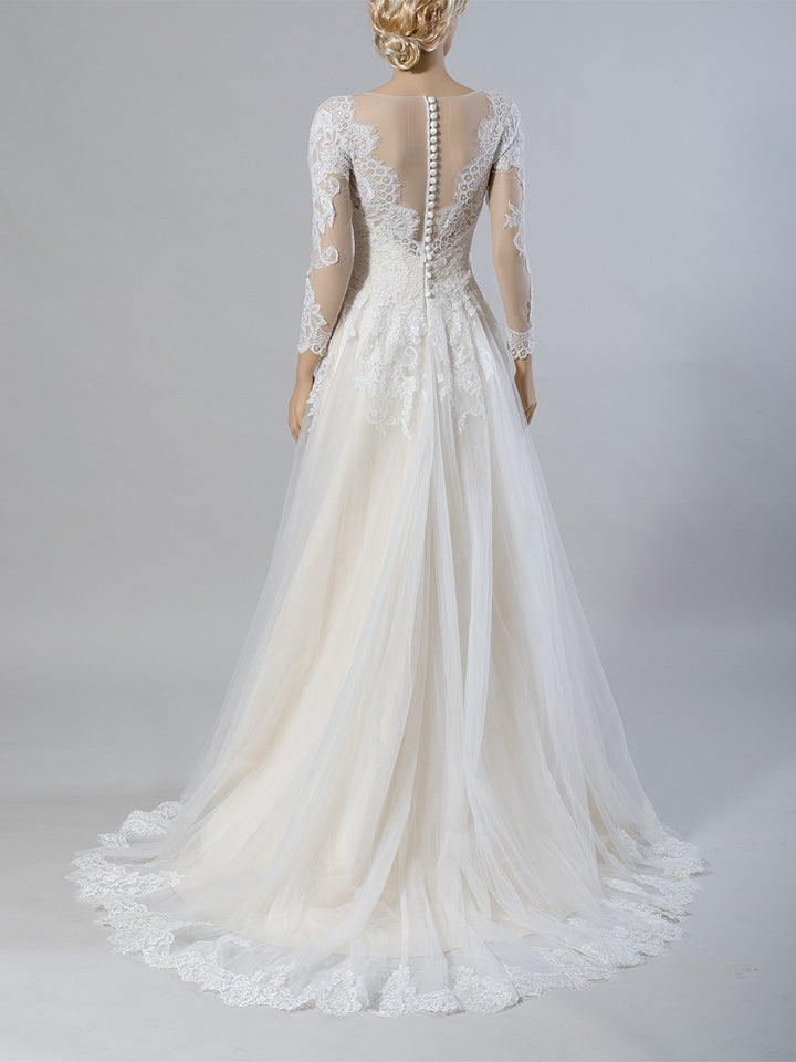 Long sleeve lace wedding dress with alencon lace 4031