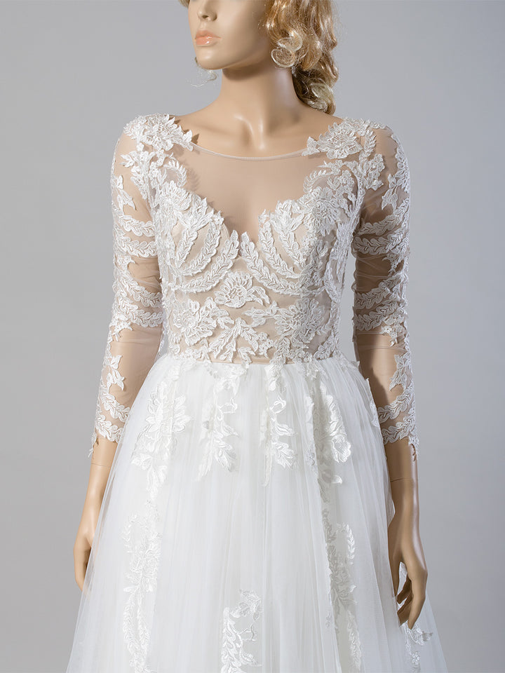 Long sleeve lace wedding dress with embroidered lace