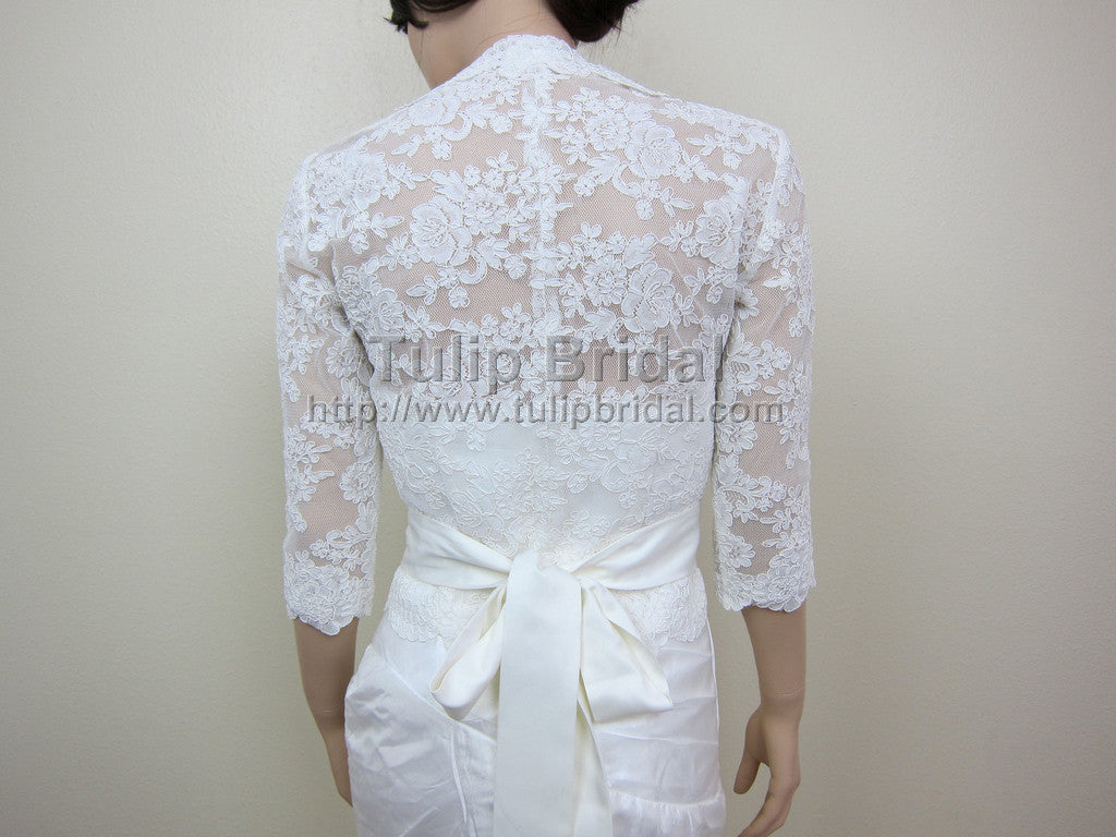 3/4 Sleeve Front open Ivory Alencon Lace Bolero Jacket