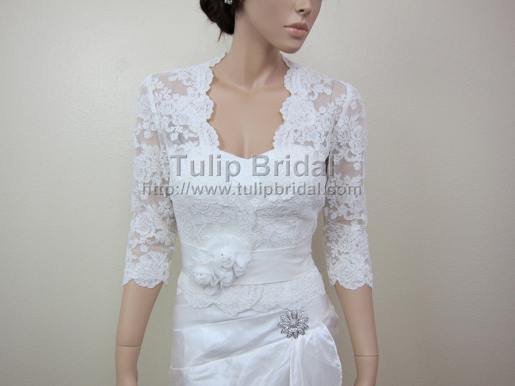 3/4 Sleeve Front open Ivory Alencon Lace Bolero Jacket