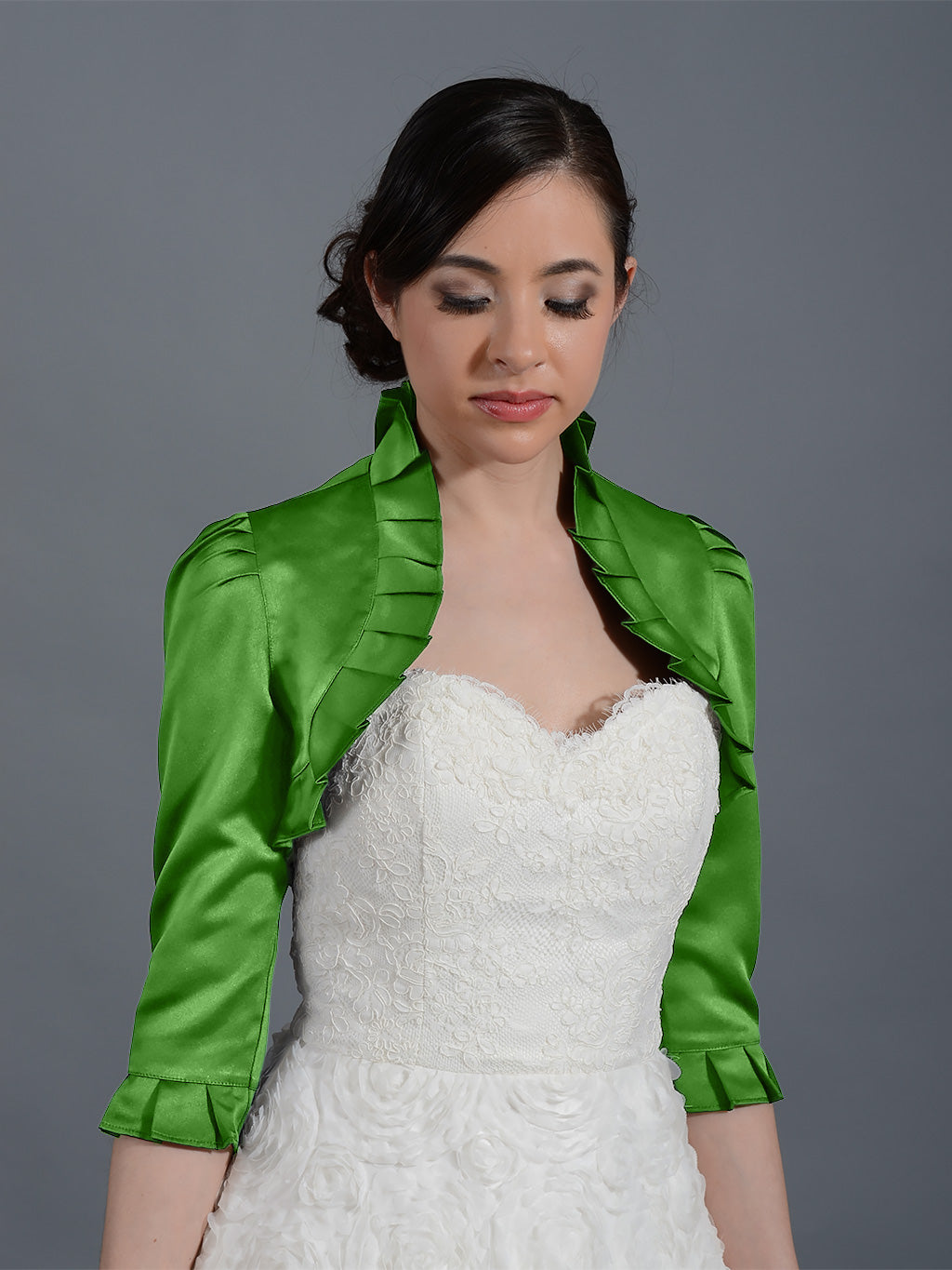 Moss Green 3/4 sleeve wedding satin bolero jacket, Large Moss Green 3/4 sleeve wedding satin bolero jacket, Large