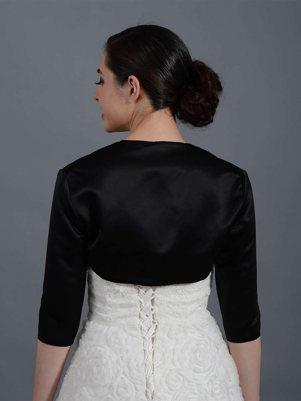 Black 3/4 sleeve wedding satin bolero jacket