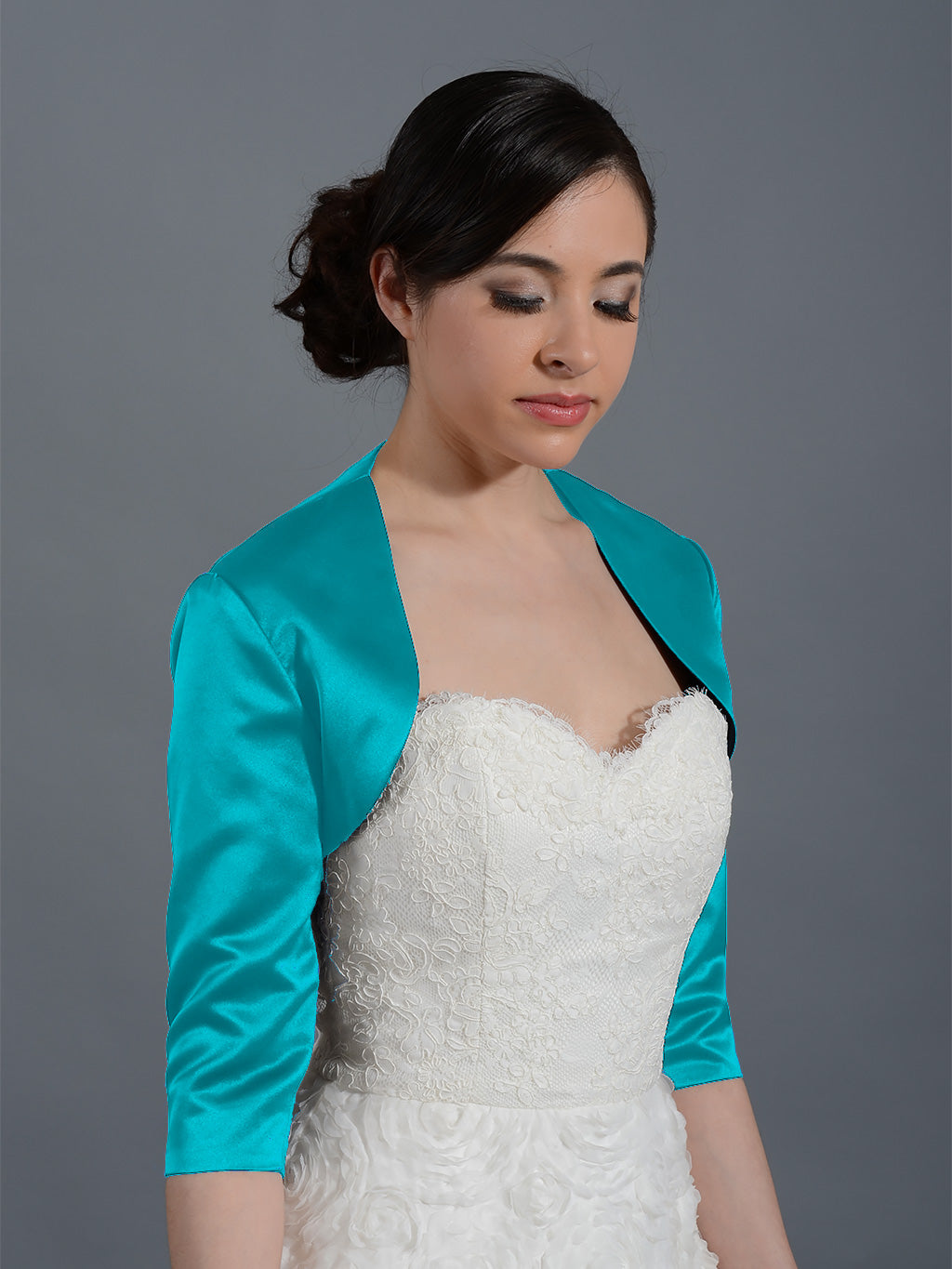 Teal 3/4 sleeve wedding satin bolero jacket, X-Large Teal 3/4 sleeve wedding satin bolero jacket, X-Large