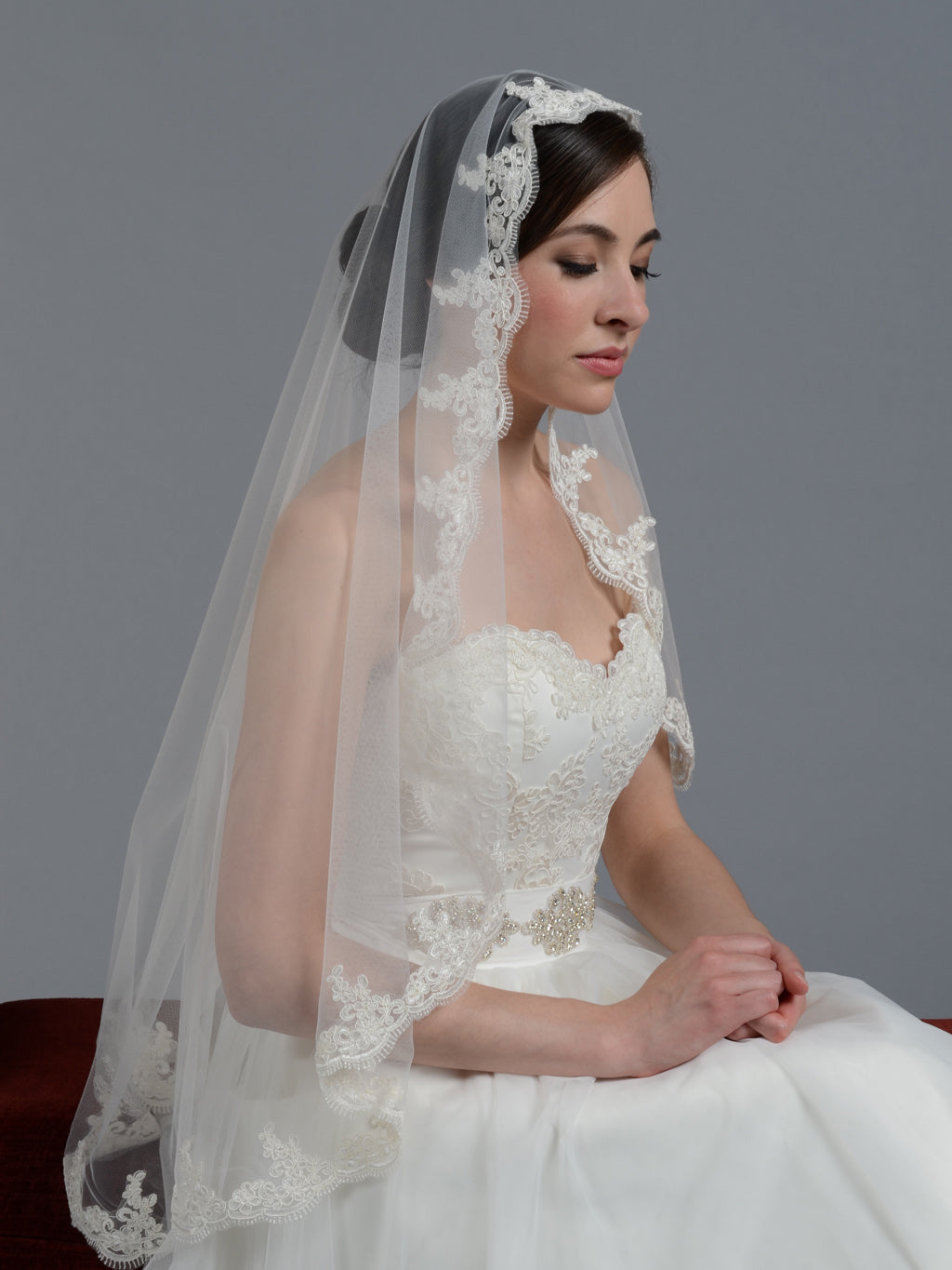 Mantilla veil floor length alencon lace wedding veil V027