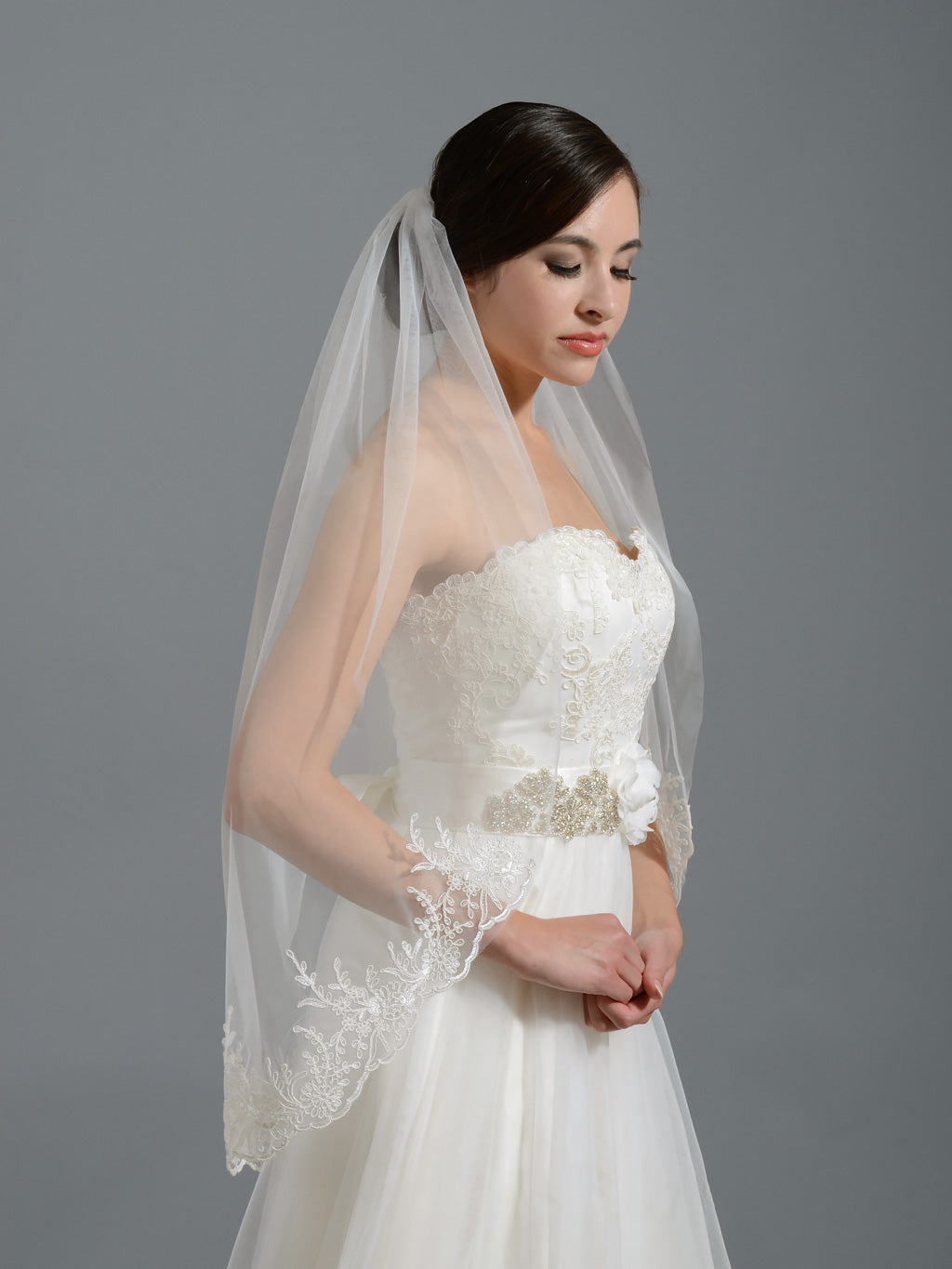 Ivory elbow alencon lace wedding veil V037