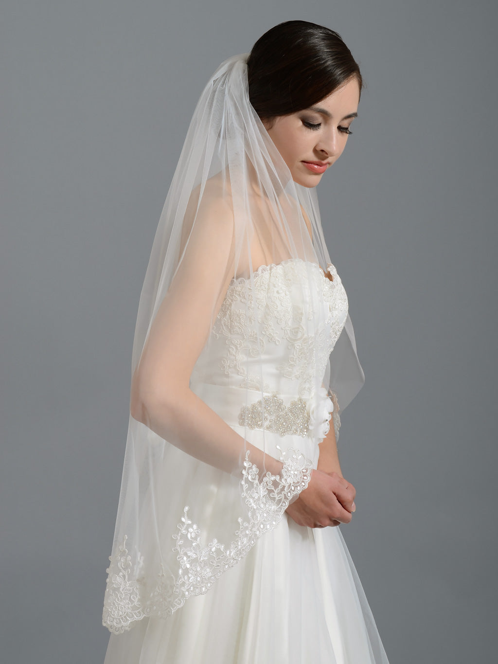 Ivory elbow alencon lace wedding veil V037n