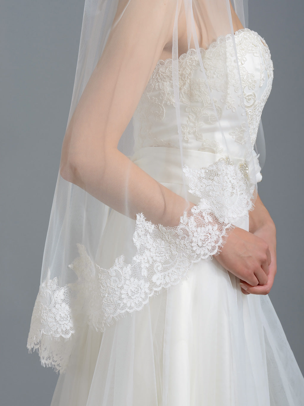 Ivory elbow alencon lace wedding veil V038