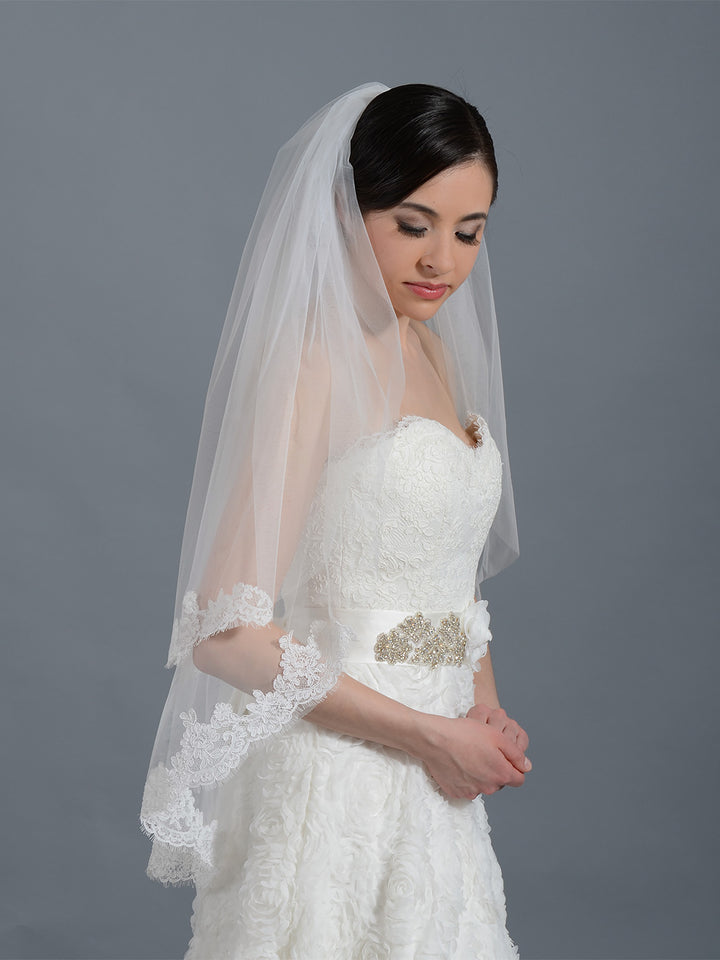 2-tier light ivory elbow alencon lace wedding veil V042