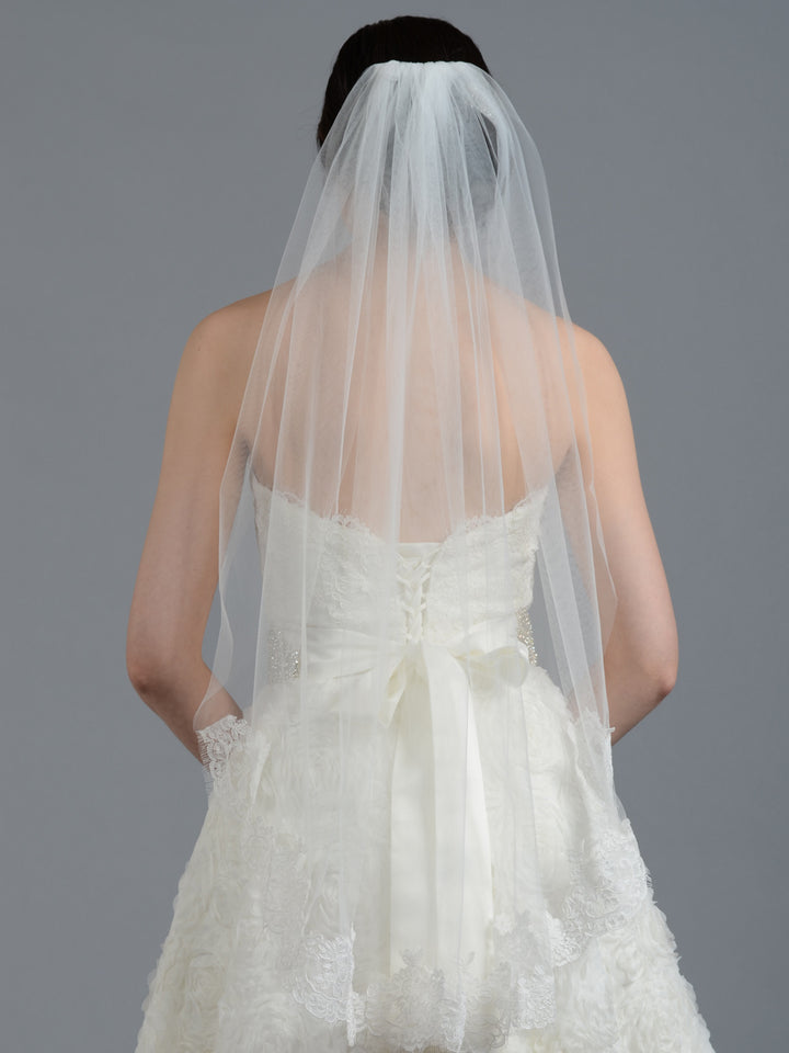 Ivory elbow alencon lace wedding veil V043