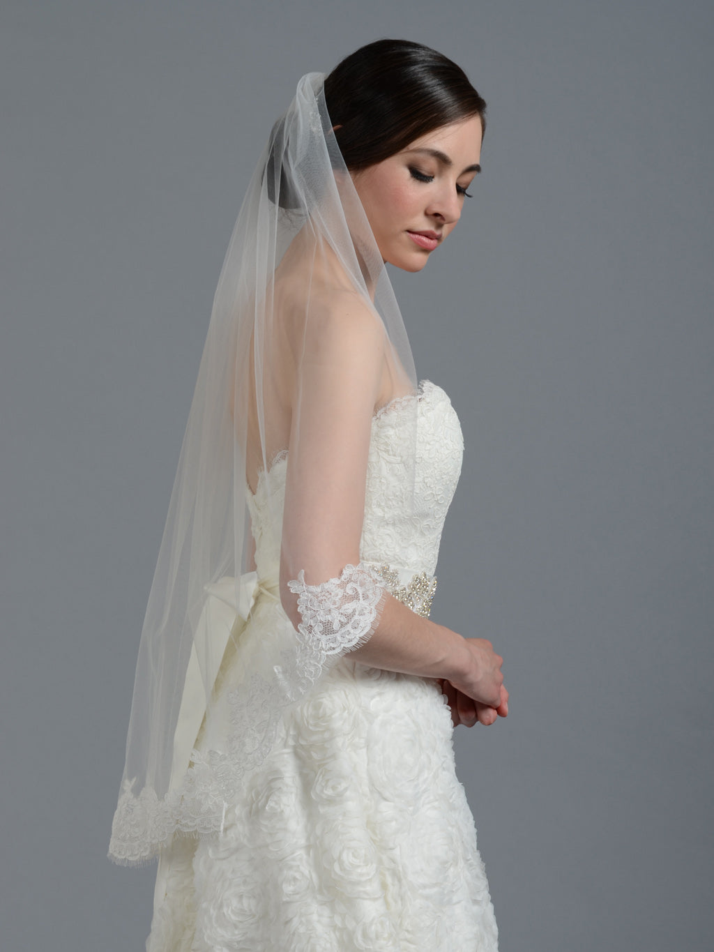 Ivory elbow alencon lace wedding veil V043